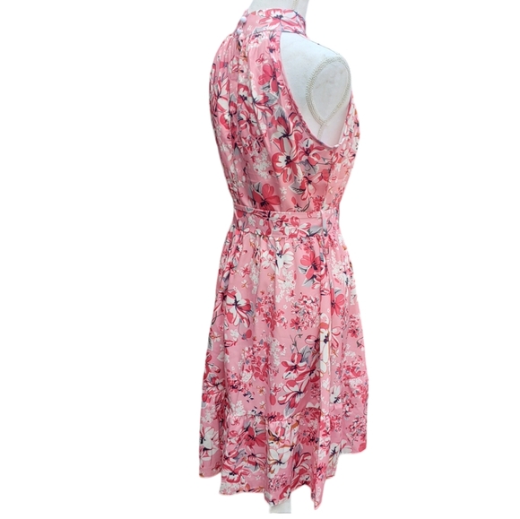 Spring Summer Dress Pink Floral Halter Neck Sleeveless A Line Ruffled Hem - Picture 7 of 9
